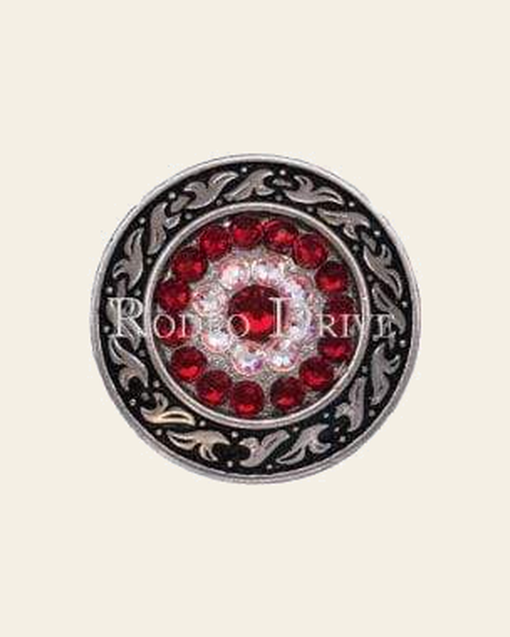 Red & AB Antique Silver 1.5" Disc European Crystal Concho on a warm cream background