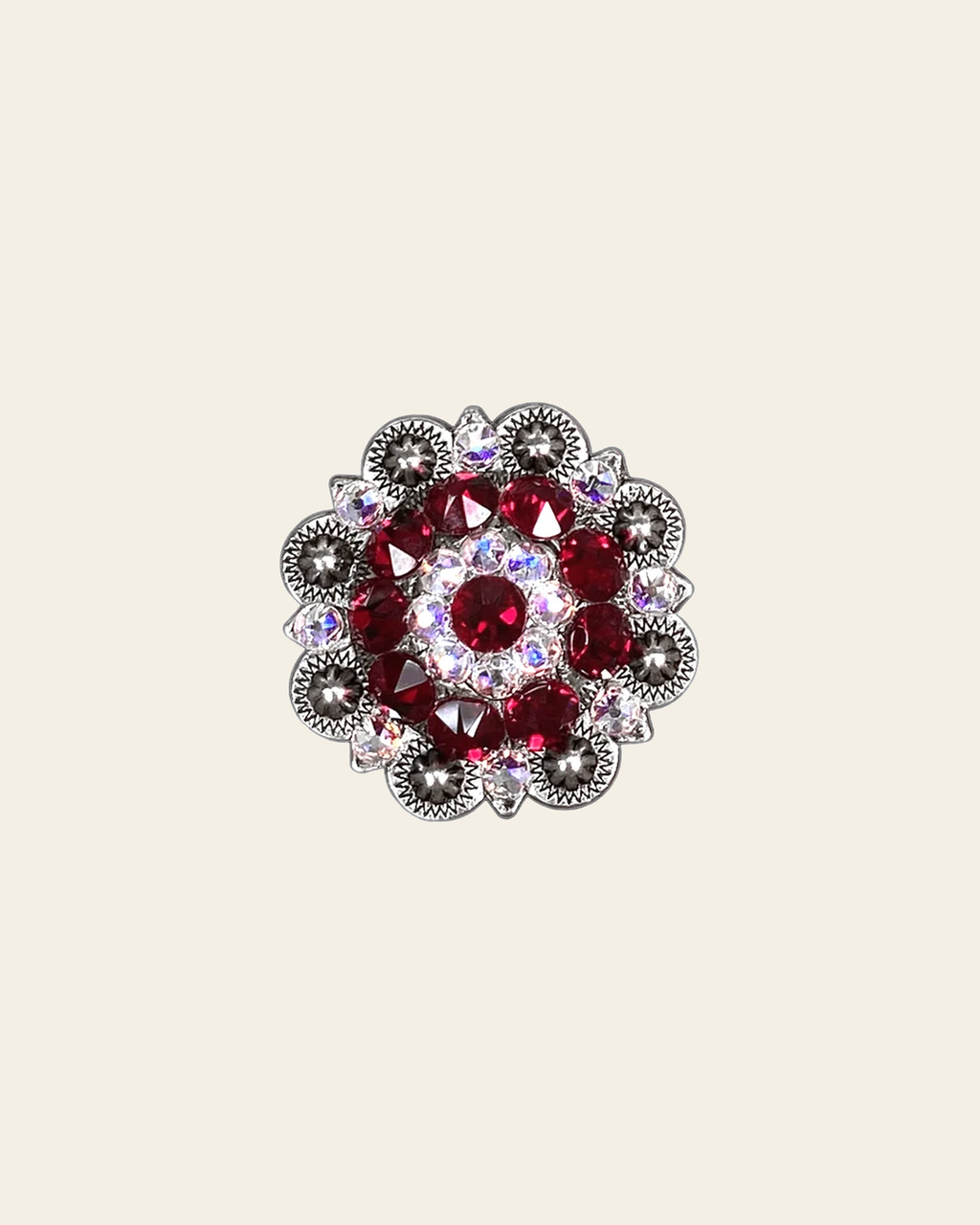 Red & AB Antique Silver 1.5" European Crystal Concho on a warm cream background