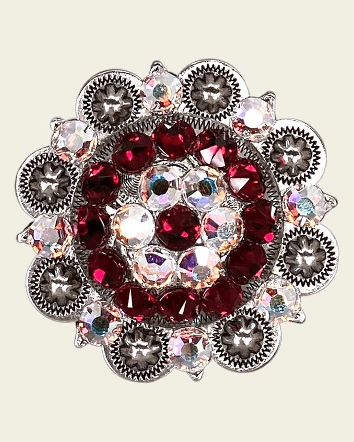 Red & AB Antique Silver 2" European Crystal Concho on a warm cream background