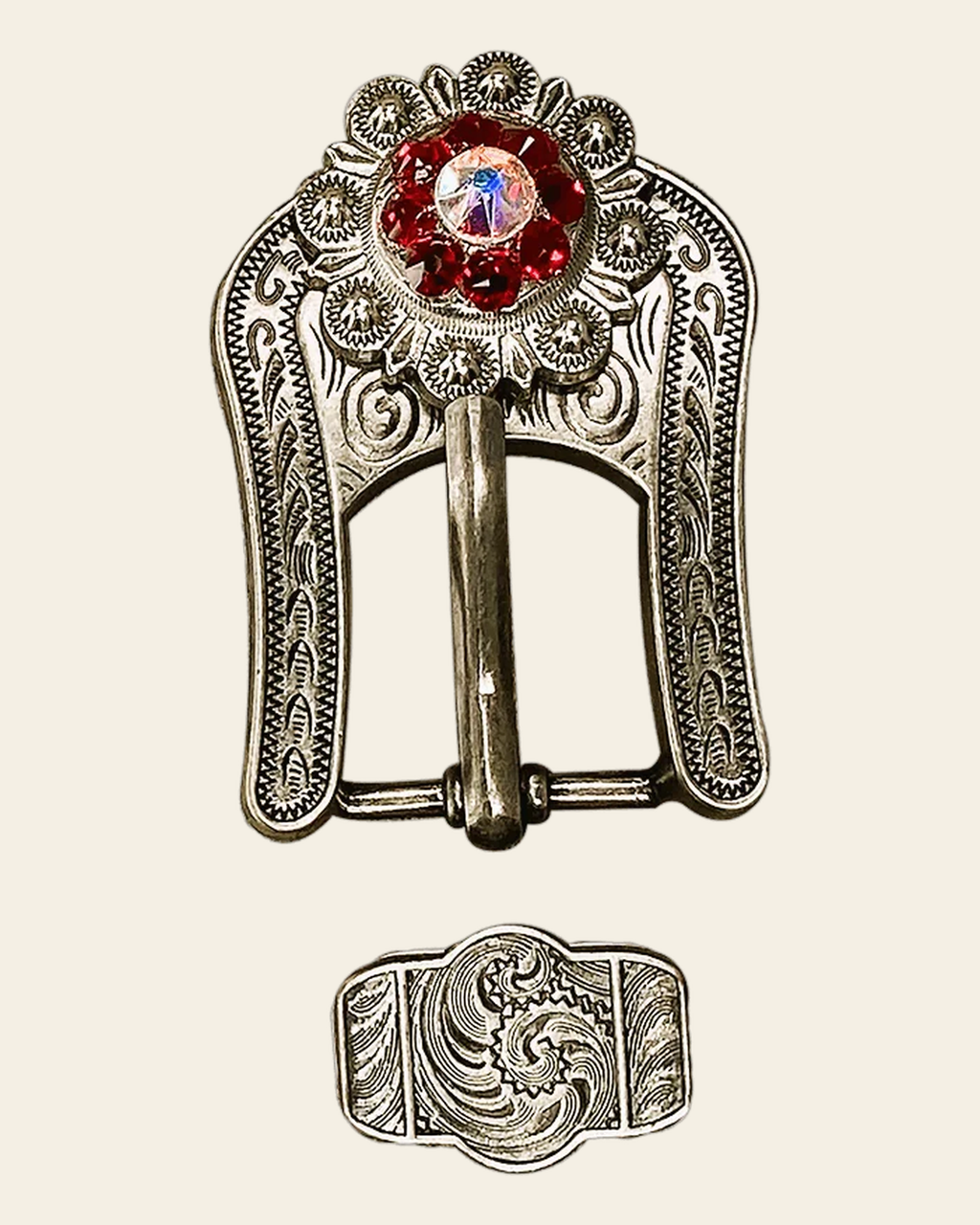 Red & AB Antique Silver European Crystal Buckle Keeper Set on a warm cream background