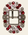 Red & AB Antique Silver European Crystal Cart Buckle on a warm cream background