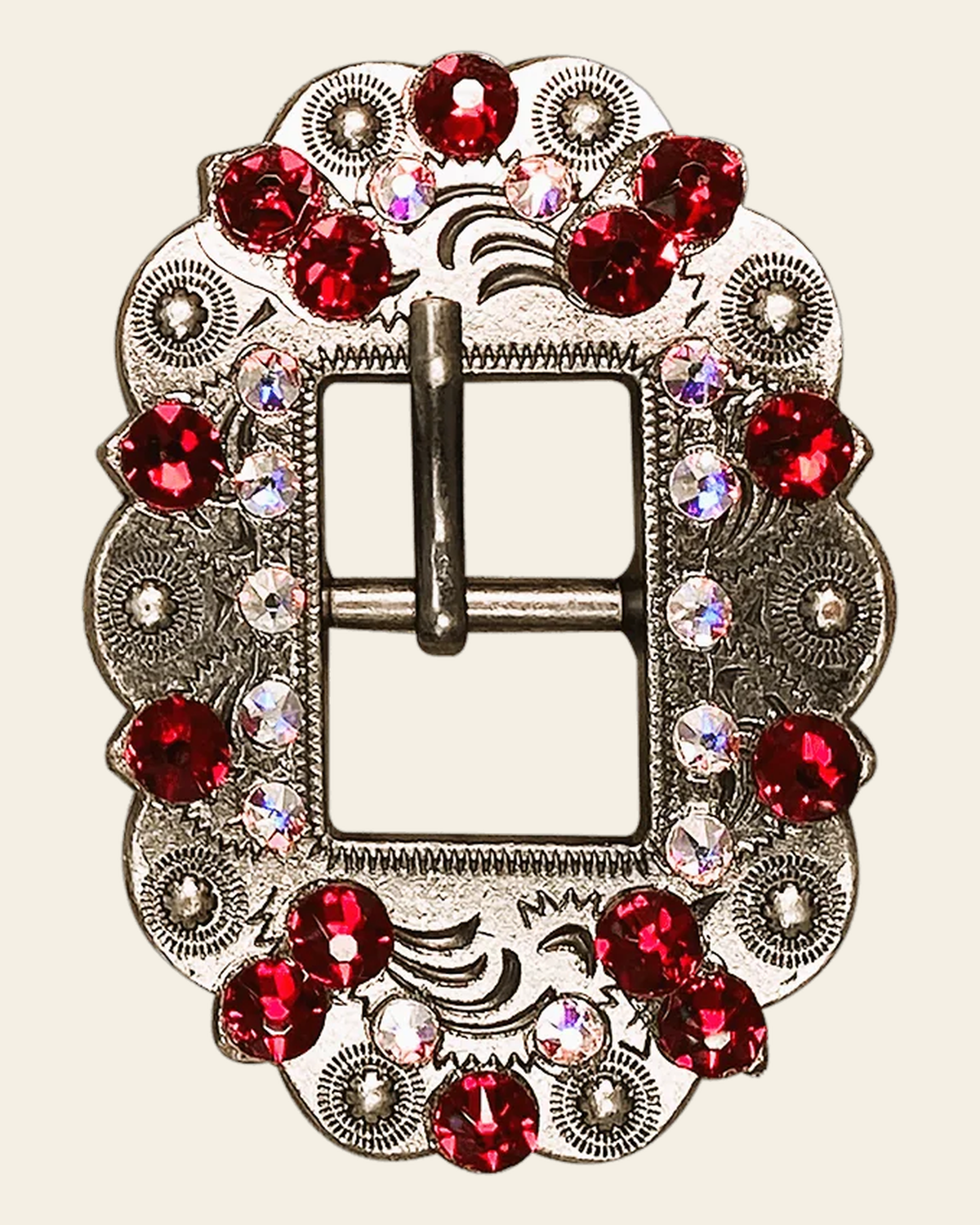 Red & AB Antique Silver European Crystal Cart Buckle on a warm cream background