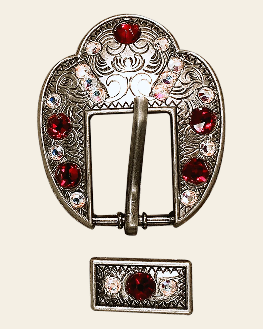 Red & AB Antique Silver European Crystal Fancy Buckle on a warm cream background