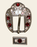 Red & AB Antique Silver European Crystal Fancy Buckle on a warm cream background