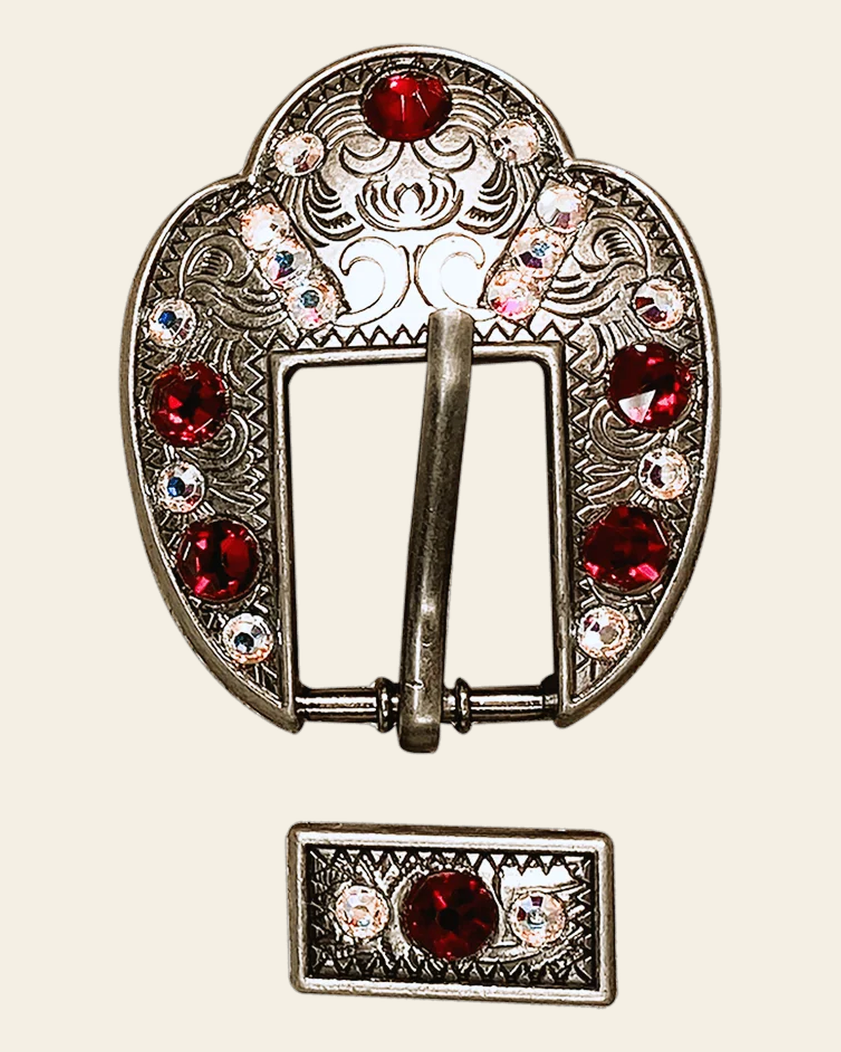 Red & AB Antique Silver European Crystal Fancy Buckle on a warm cream background