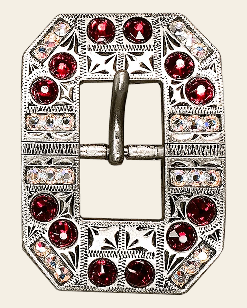Red & AB Antique Silver European Crystal Square Cart Buckle on a warm cream background