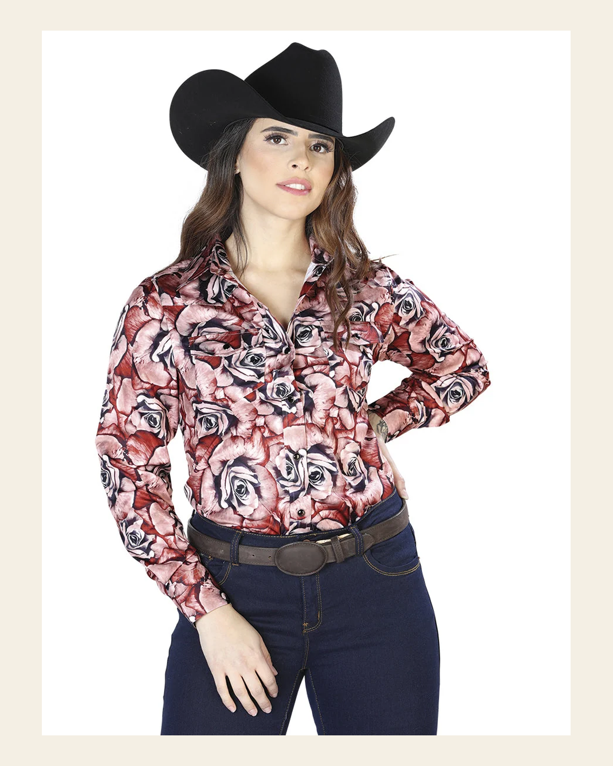 Red And Black Print Long Sleeve Western Shirt 44099 on a warm cream background