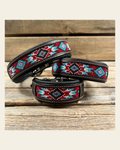 Tooled Red and Blue Genuine Leather Beaded Dog Collar #DC442 on a warm cream background