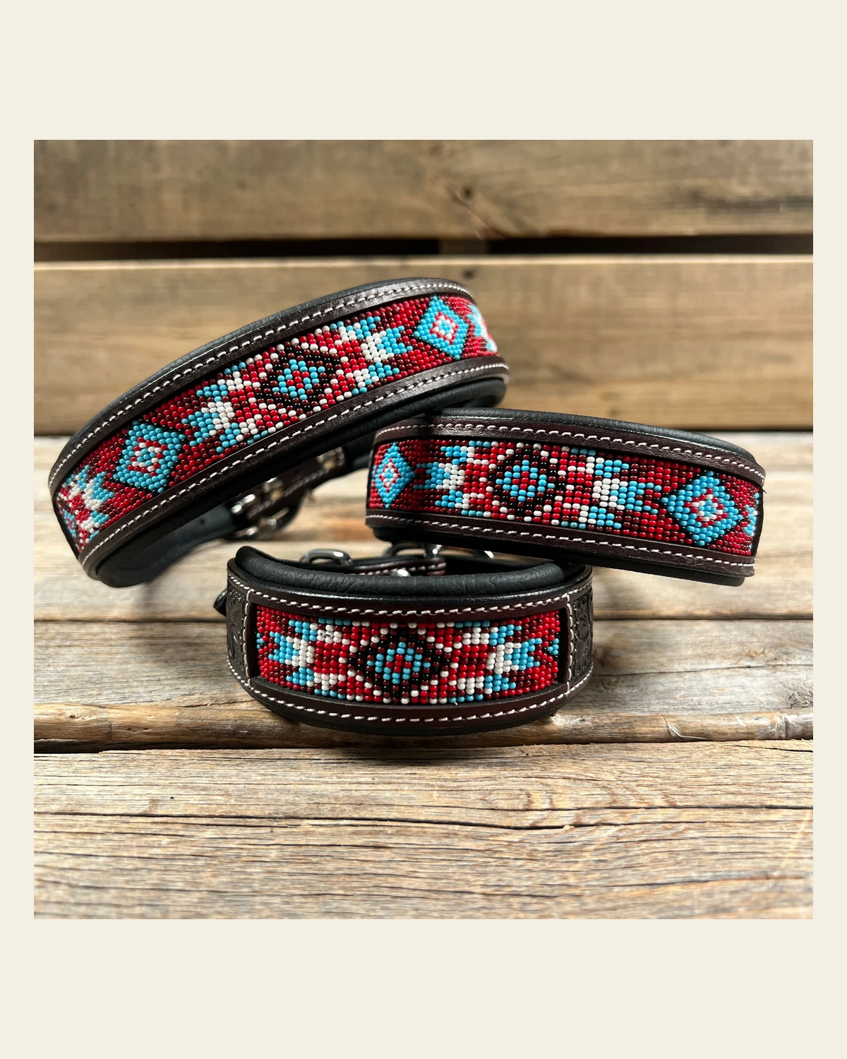 Tooled Red and Blue Genuine Leather Beaded Dog Collar #DC442 on a warm cream background
