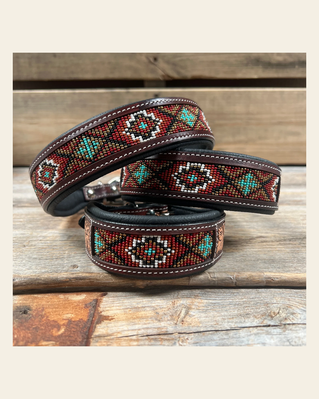 Tooled Red and Brown Genuine Leather Beaded Dog Collar #DC450 on a warm cream background