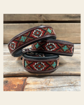 Tooled Red and Brown Genuine Leather Beaded Dog Collar #DC450 on a warm cream background