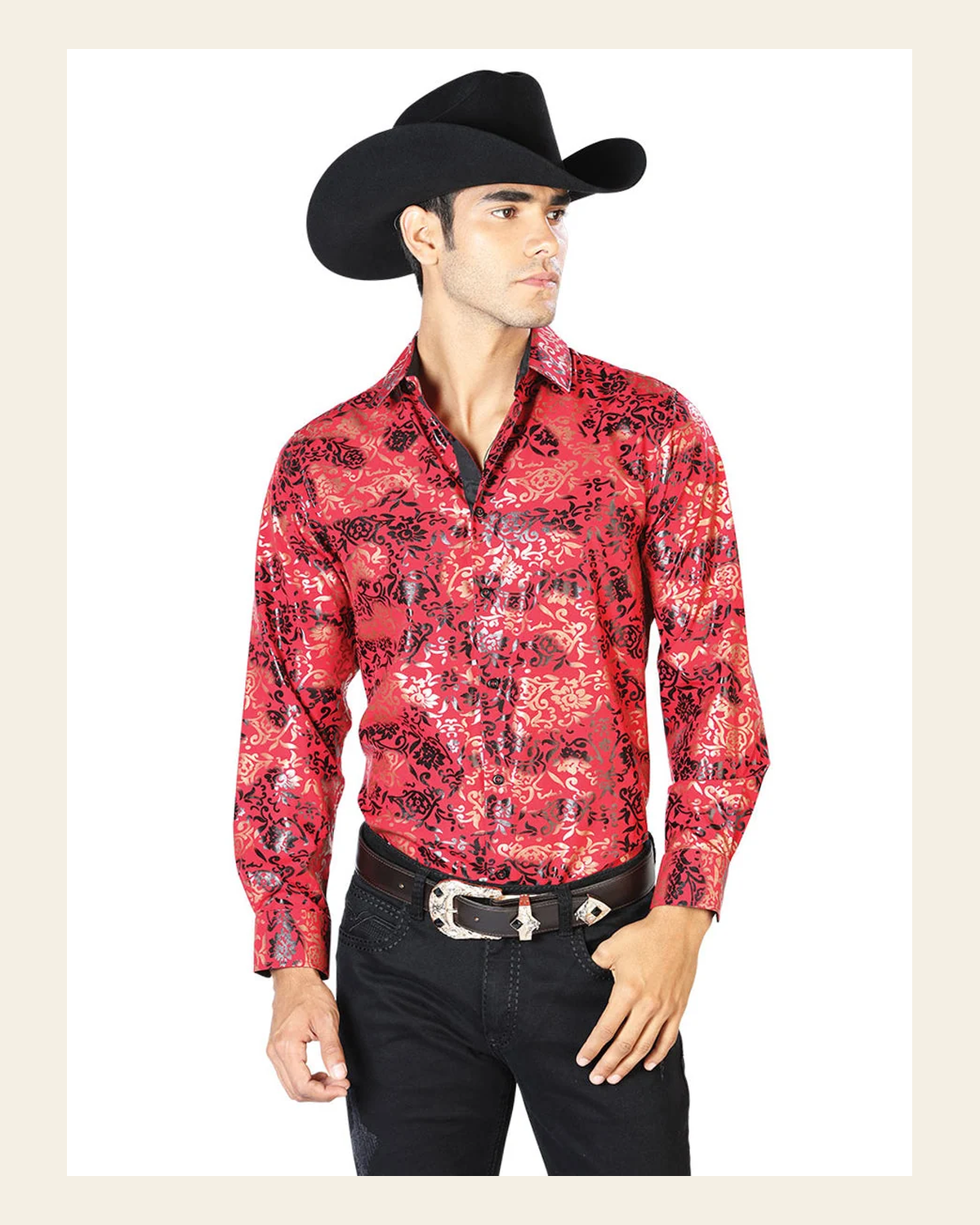 Red And Gold Casual Long Sleeve Shirt 43572 on a warm cream background