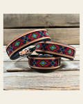 Tooled Red and Purple Genuine Leather Beaded Dog Collar #DC437 on a warm cream background
