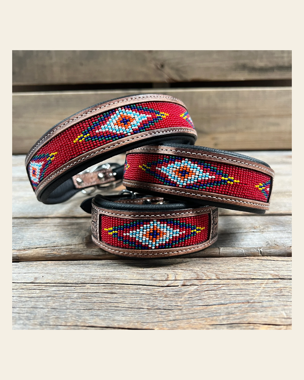 Tooled Red Genuine Leather Beaded Dog Collar #DC439 on a warm cream background