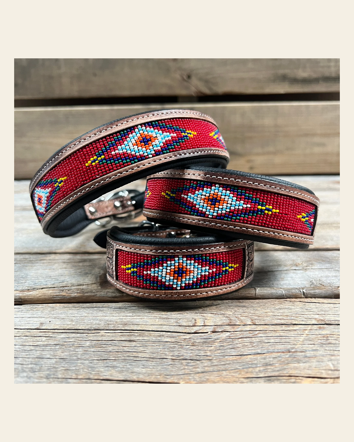Tooled Red Genuine Leather Beaded Dog Collar #DC439 on a warm cream background