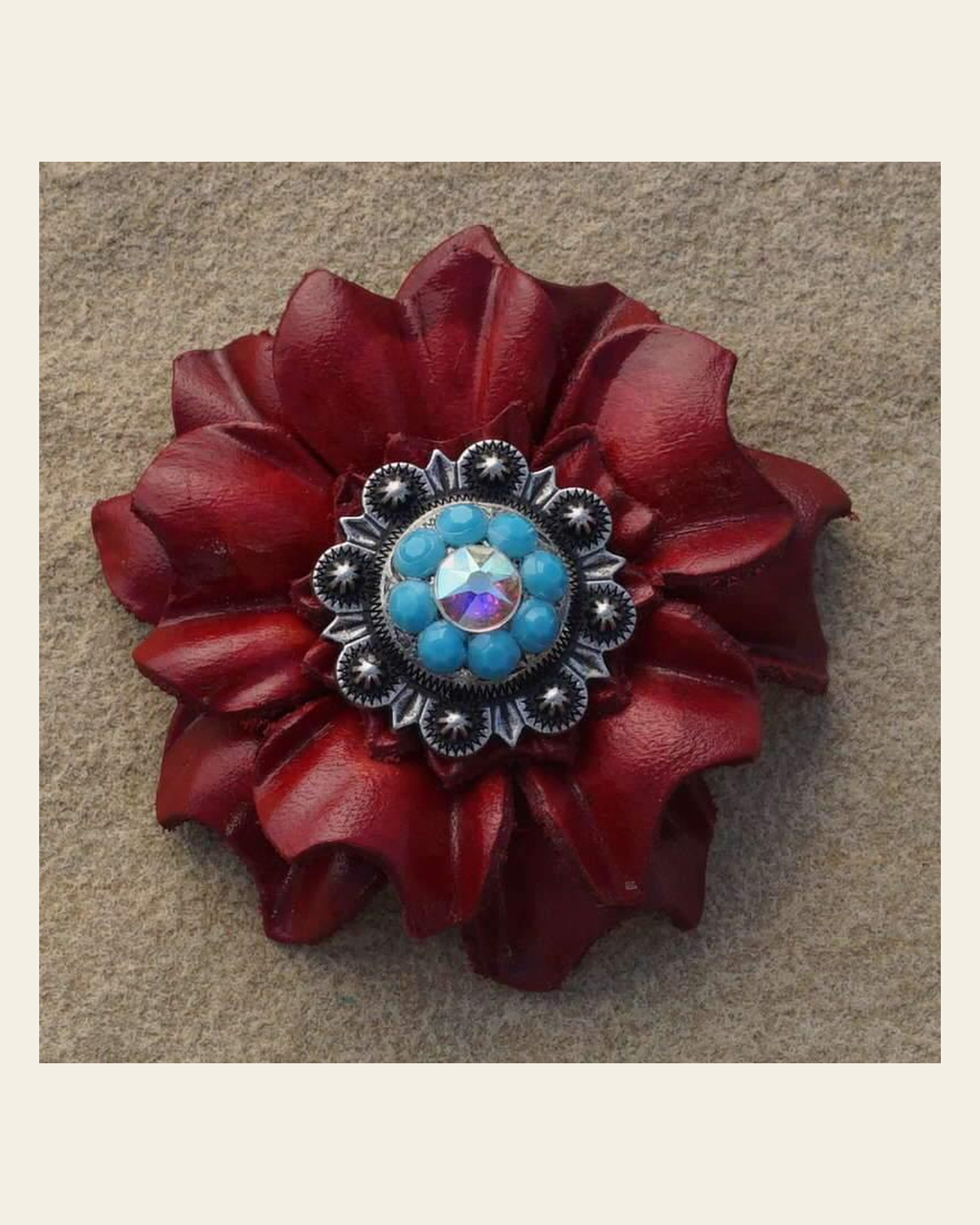 Red Carnation Flower With Antique Silver Turquoise & AB 1" Concho on a warm cream background