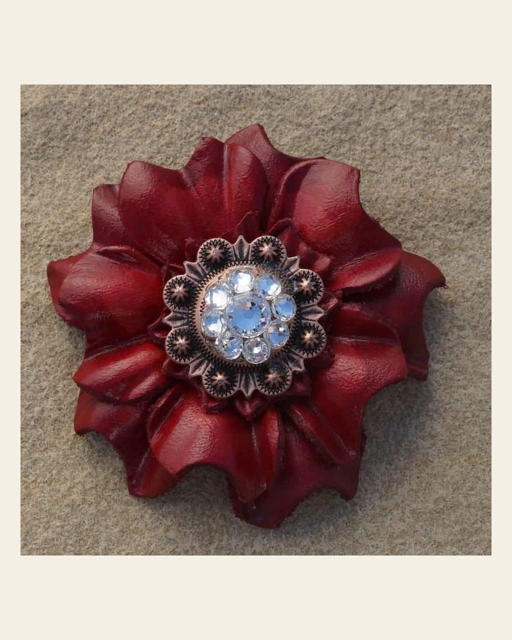 Red Carnation Flower With Copper Clear 1" Concho on a warm cream background