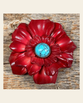 Red Carnation Flower With Round Turquoise Cabochon on a warm cream background