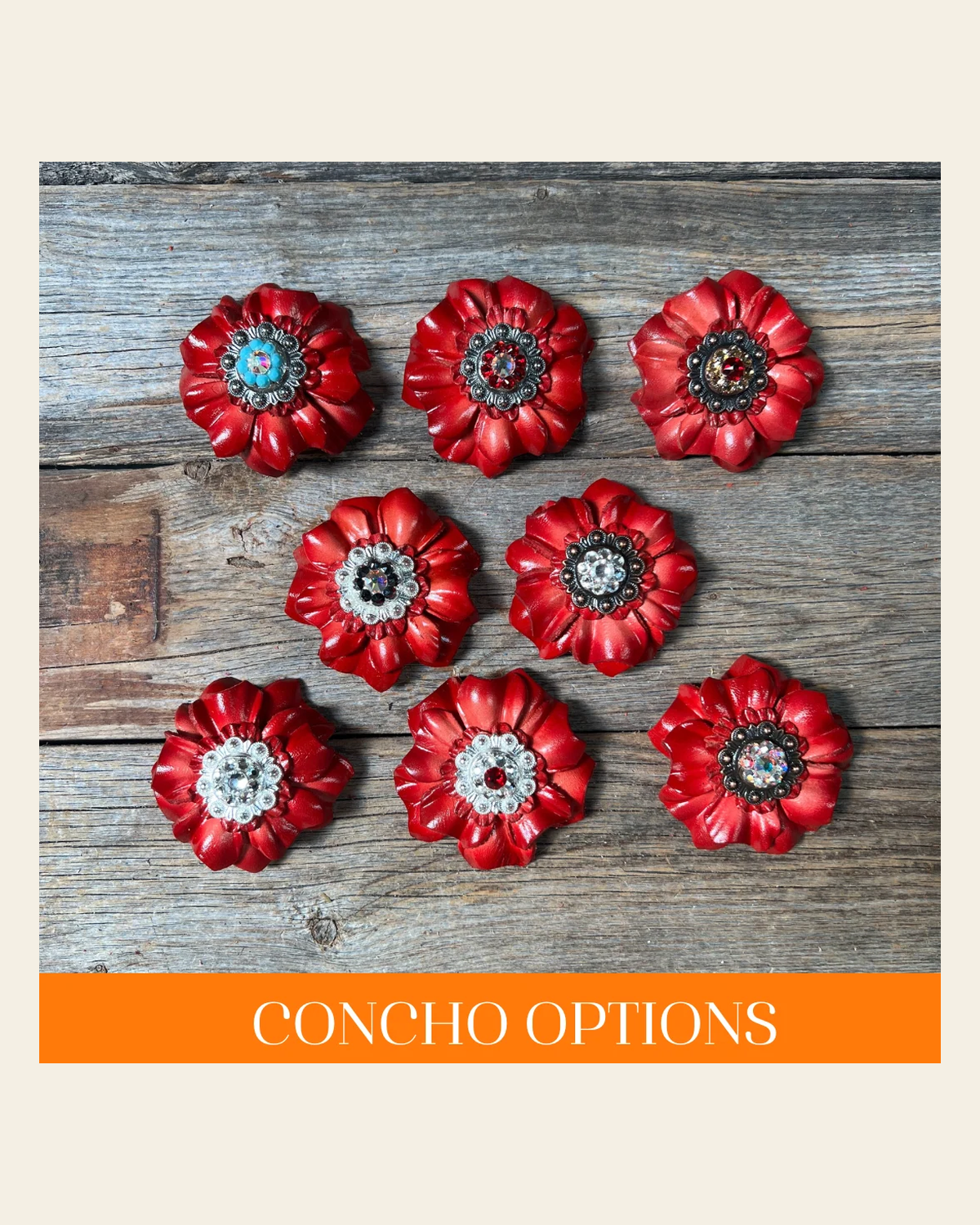 Red Carnations Leather Flowers - 1" Crystal Conchos - Options on a warm cream background