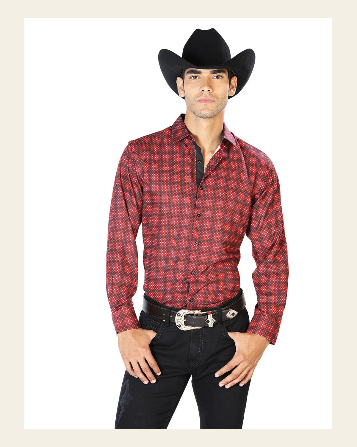 Red Casual Casual Long Sleeve Shirt 43552 on a warm cream background