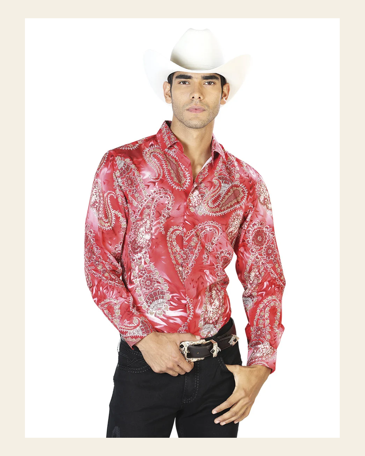 Red Casual Long Sleeve Shirt 43578 on a warm cream background