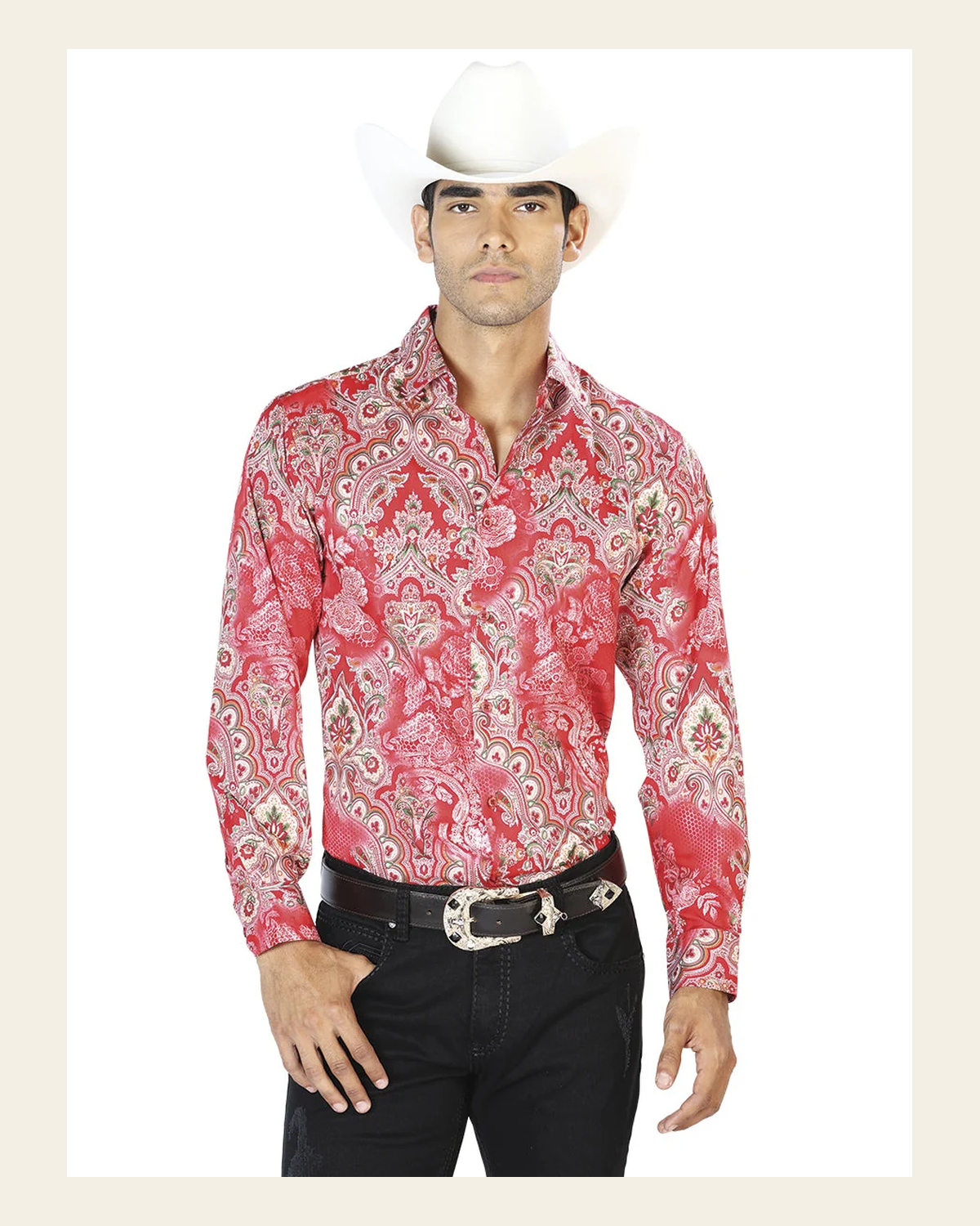 Red Casual Long Sleeve Shirt 43581 on a warm cream background