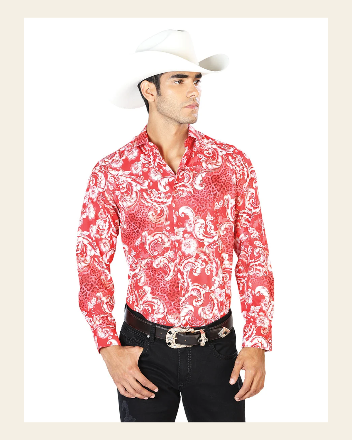 Red Casual Long Sleeve Shirt 43583 on a warm cream background