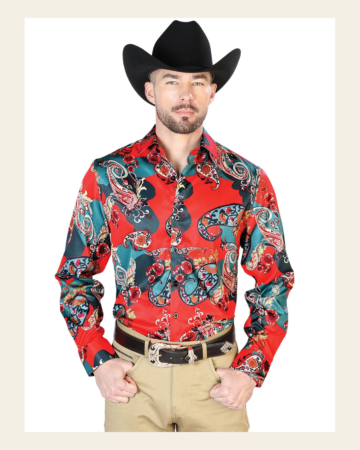 Red Casual Long Sleeve Shirt 43668 on a warm cream background