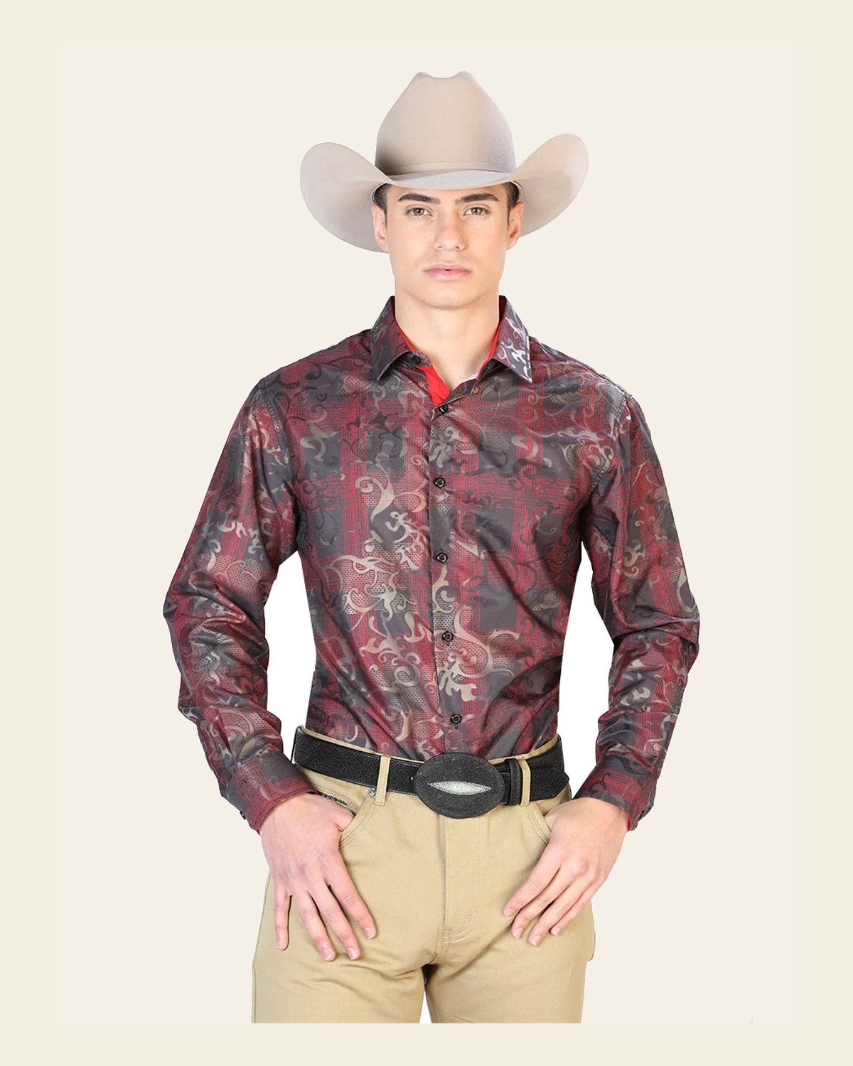 Red Casual Long Sleeve Shirt 43795 on a warm cream background