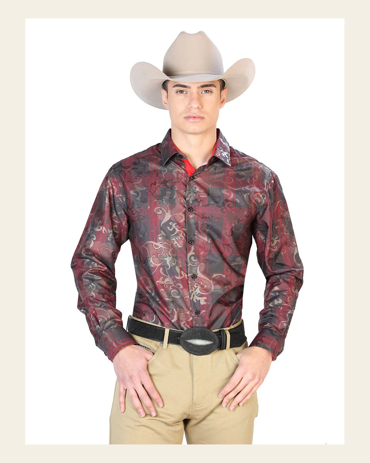 Red Casual Long Sleeve Shirt 43795 on a warm cream background