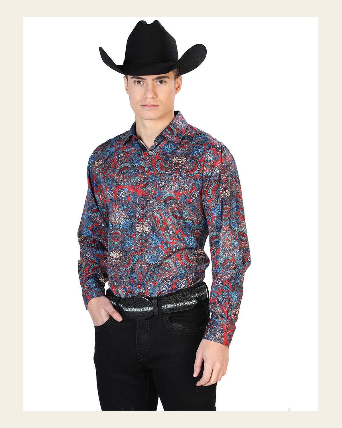 Red Casual Long Sleeve Shirt 43867 on a warm cream background