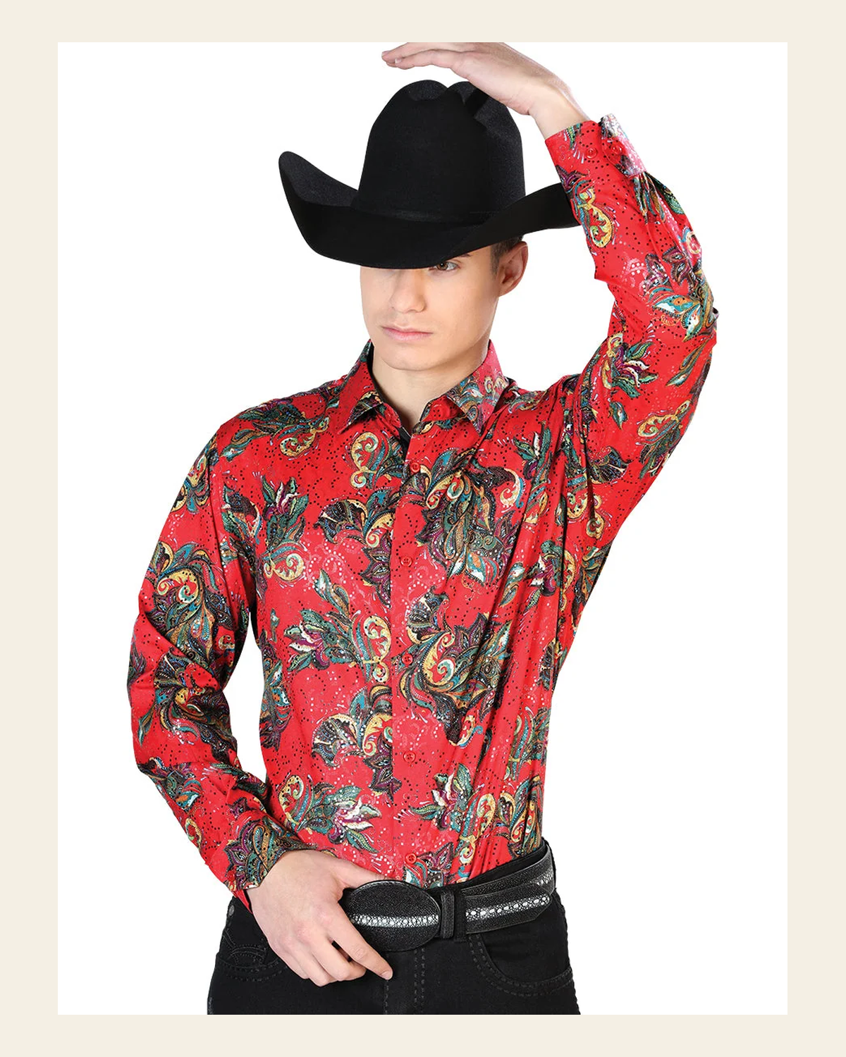 Red Casual Long Sleeve Shirt 43869 on a warm cream background