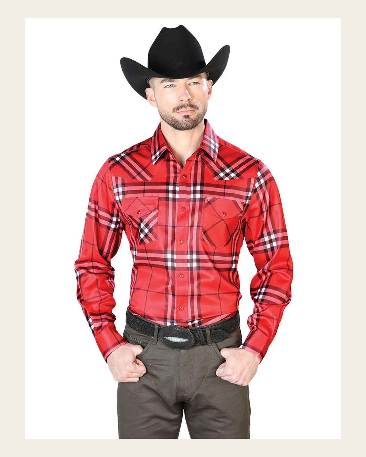 Red Casual Long Sleeve Shirt 43925 on a warm cream background
