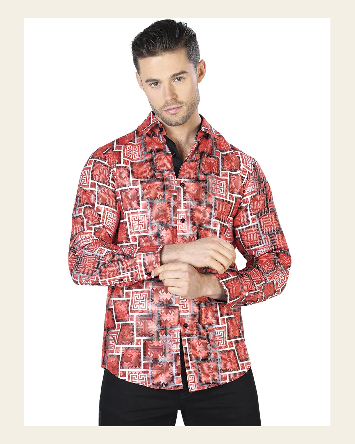 Red Casual Long Sleeve Shirt 44005 on a warm cream background