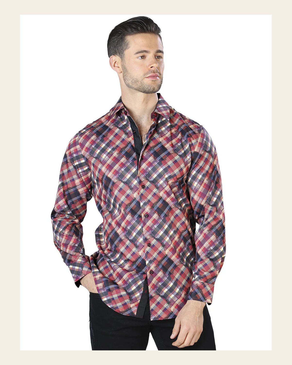 Red Casual Long Sleeve Shirt 44047 on a warm cream background