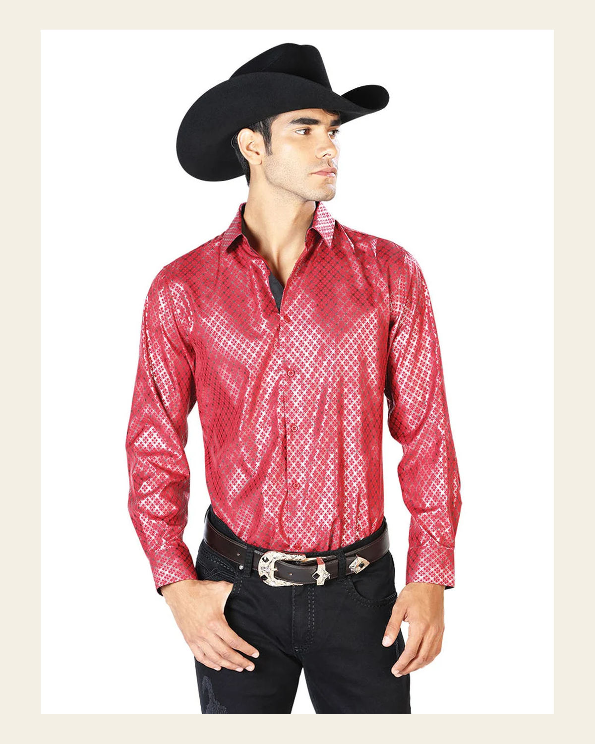 Red Casual Long Sleeve Western Cowboy Shirt 43574 on a warm cream background