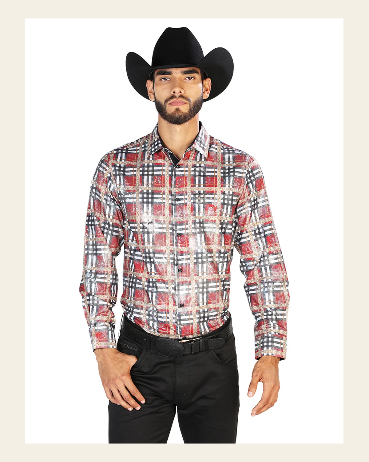 Red Checker Casual Long Sleeve Shirt 43816 on a warm cream background