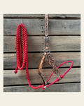 Red Floral Tooled Lariat & Leather Combo Halter on a warm cream background