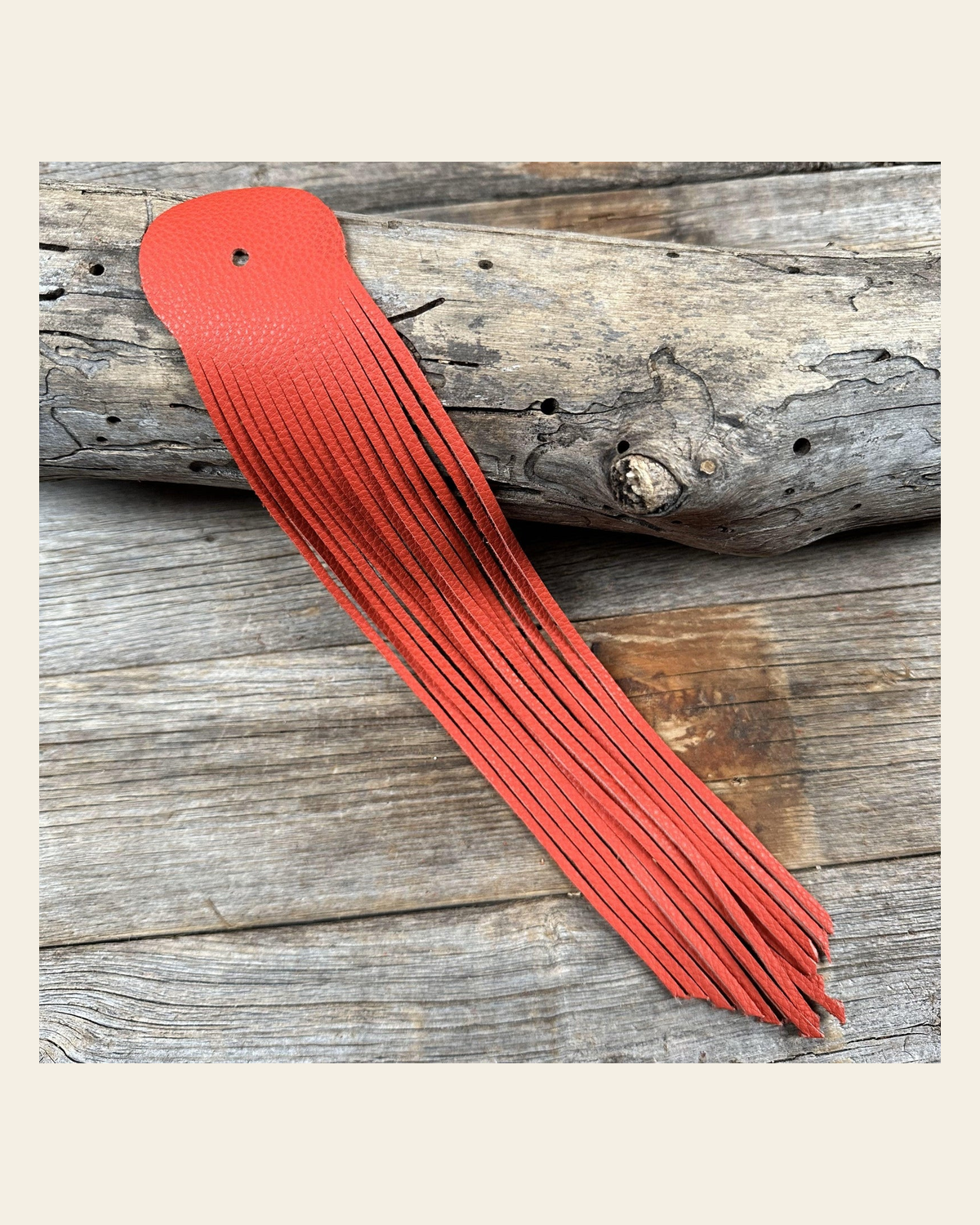 Red Leather Fringe on a warm cream background