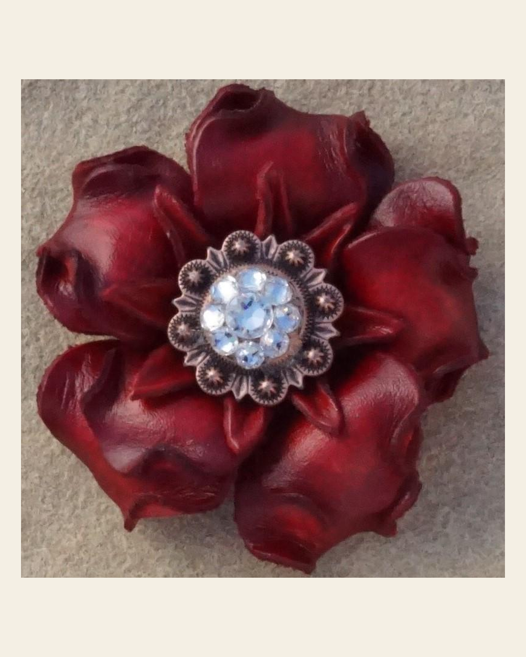 Red Gardenia Flower With Copper Clear 1" Concho on a warm cream background