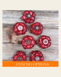 Red Gardenia Leather Flowers - 1" Crystal Conchos - Options on a warm cream background