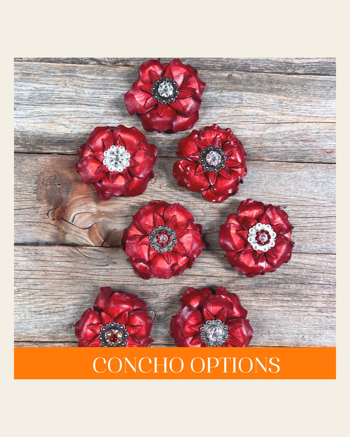 Red Gardenia Leather Flowers - 1" Crystal Conchos - Options on a warm cream background