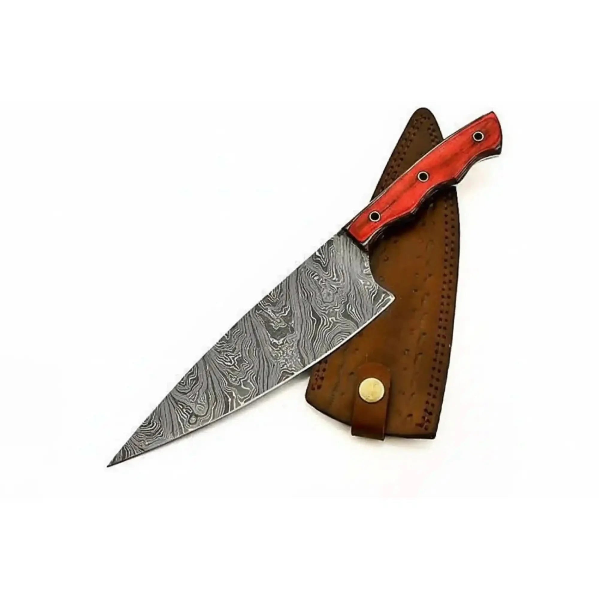 Custom Forged Damascus Camp Chef Knife — Traditional German Butcher-Style Blade with Red Wood Handle