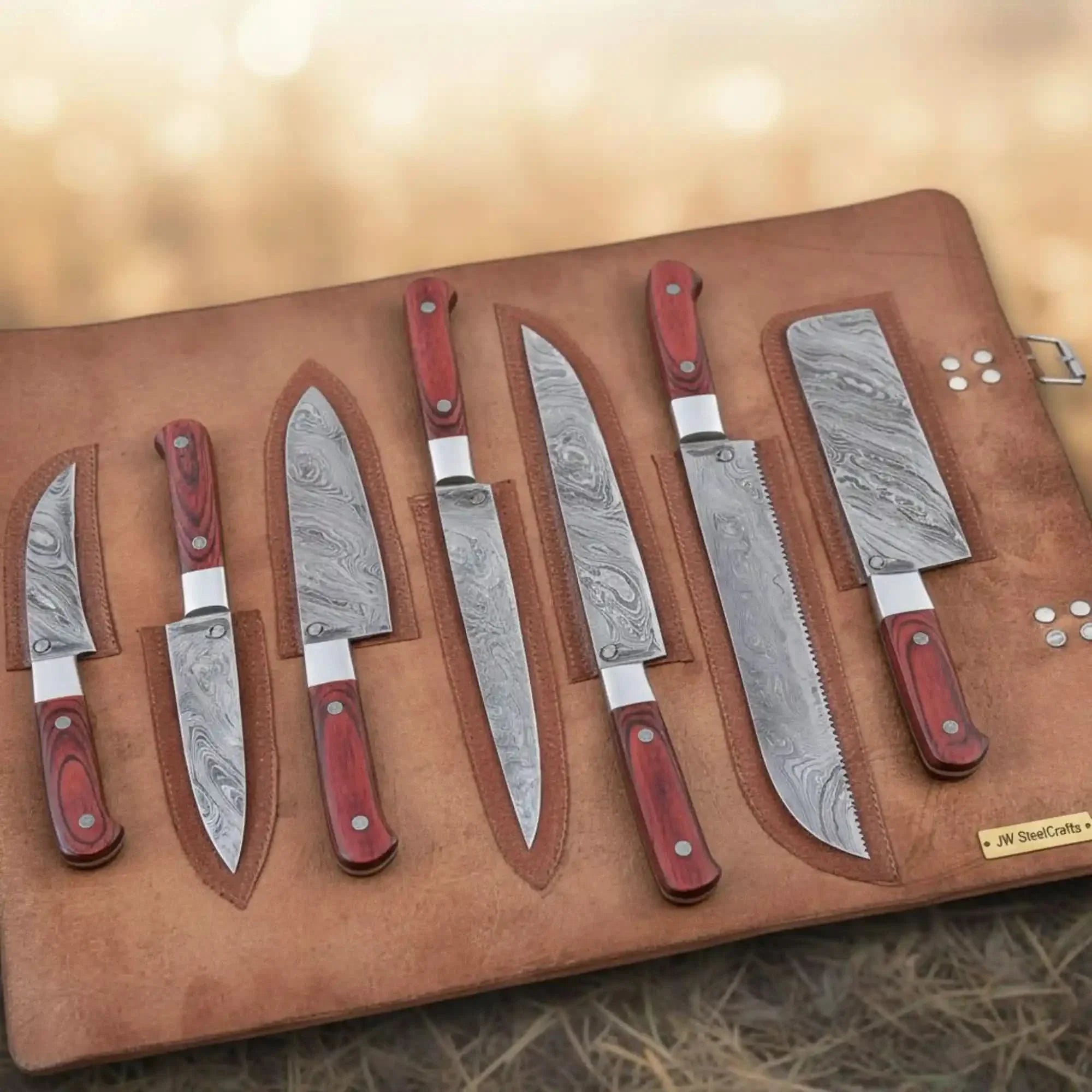 Hammer-Forged Damascus Chef & Utility Knife Set in Leather Roll – Red Pakka Wood Handles, Full Tang