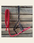 Red Honeycomb Tooled Lariat & Leather Combo Halter on a warm cream background
