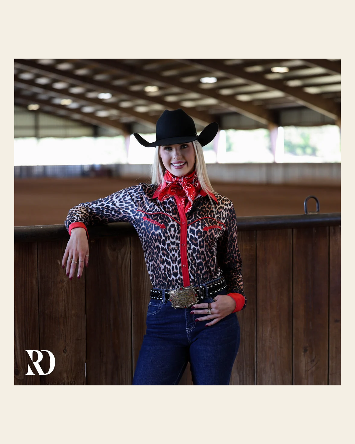 Red Leopard Performance Rodeo Shirt on a warm cream background