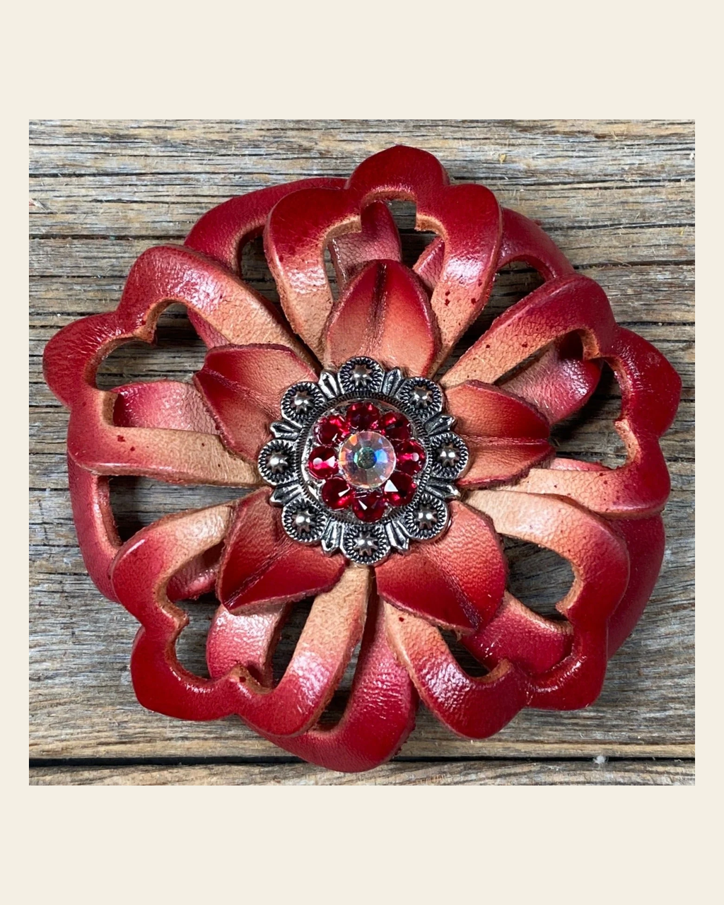 Red Lotus Flower With Antique Silver Ruby, AB 1" Concho on a warm cream background