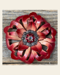 Red Lotus Flower With Antique Silver Ruby, AB 1" Concho on a warm cream background