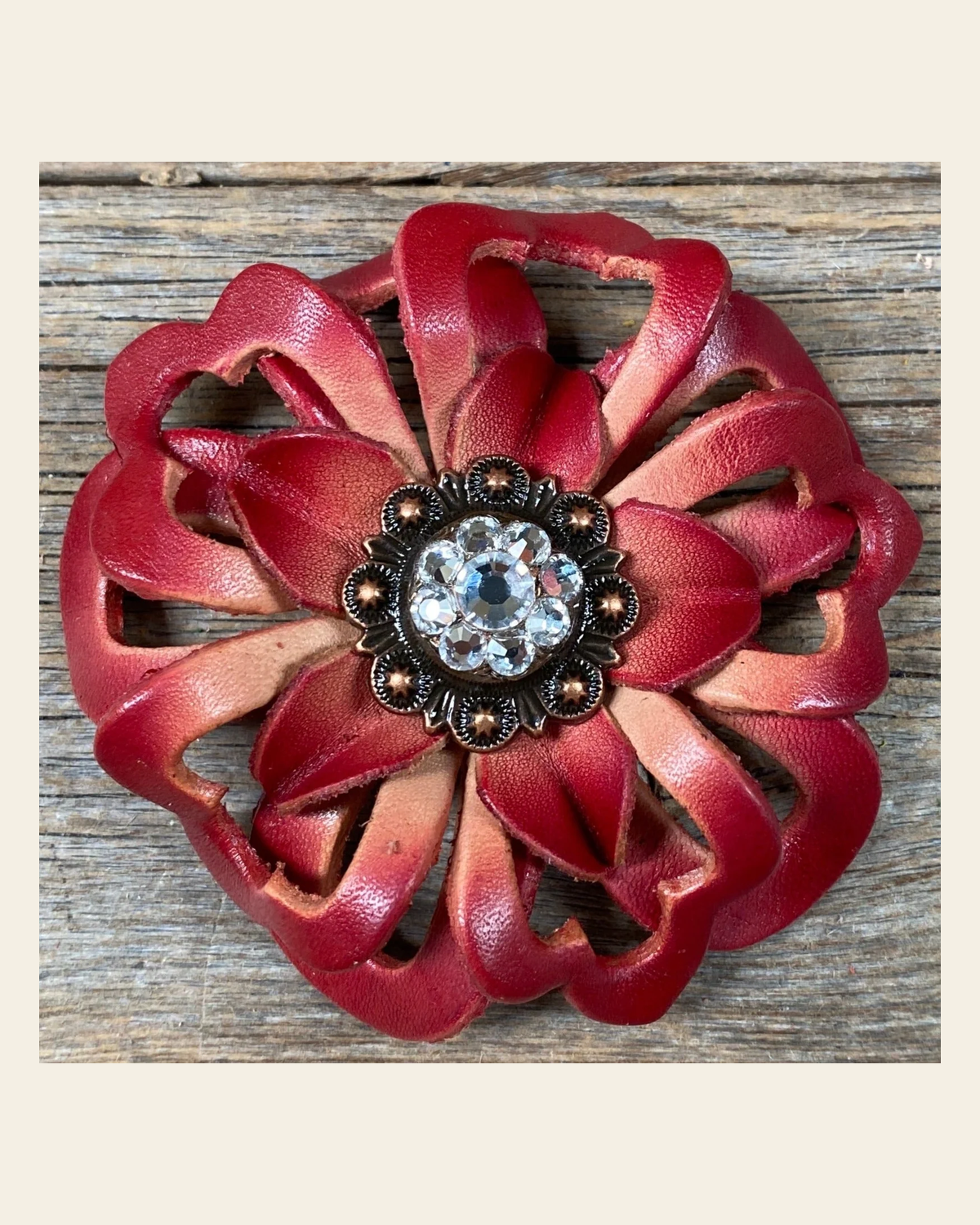 Red Lotus Flower With Copper Clear 1" Concho on a warm cream background