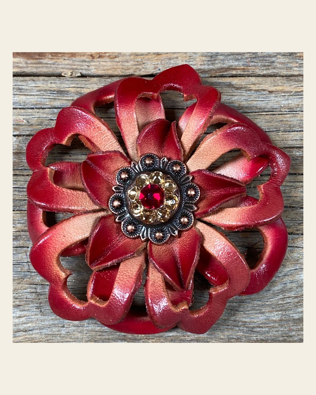 Red Lotus Flower With Copper Ruby, Champagne 1" Concho on a warm cream background